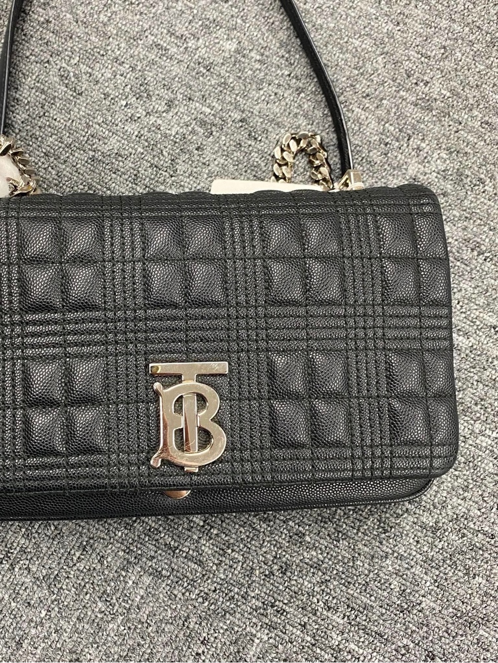 Burberry Black Quilted TB Monogram Leather Shoulder Bag with Gold Hardware